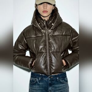 ZARA Black Hooded Cropped Puffer Jacket